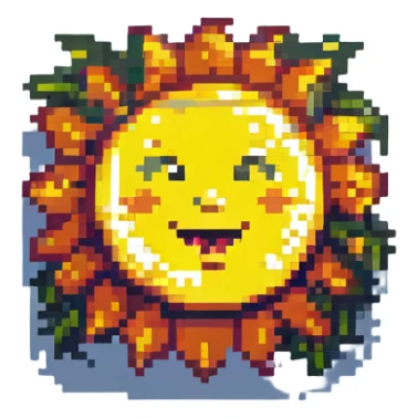 bright sun with rays, cheerful face, daylight emoji, pixel art style, no text sticker
