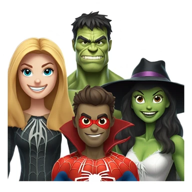 Spider-Man, the Hulk, the scarecrow from the Wizard of Oz and the witch from the Wizard of Oz together as a family sticker