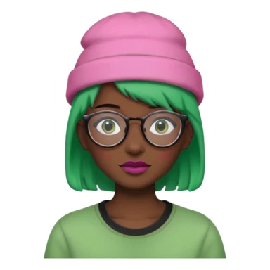 fully black dog, green haired, glassess and a pink hat sticker