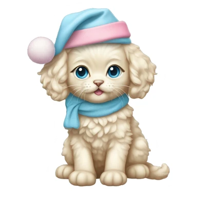Cream cockapoo kitten whole body with pastel blue eyes, and with pink Christmas hat sticker