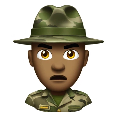 drill sergeant character wearing a classic sergeant hat and a camouflage army shirt. The character should have an angry intense expression. full torso sticker