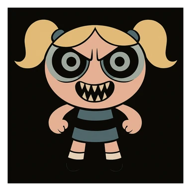 Make Bubbles from Powerpuff Girls even scarier, with a more menacing face, sharper teeth, and intense, creepy eyes, keeping her signature blue dress and pigtails, in a western adult animation cartoon style, black background. sticker