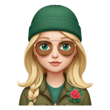 girl with long blond hair
with blue eyes
and aviator sunglasses
wearing beanie
wearing (rose gold apple watch with forest green band) sticker