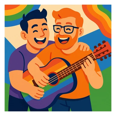 rainbow guitar being played by a joyful gay couple sticker