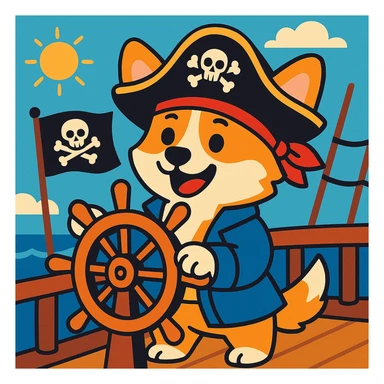 cartoon pirate corgi steering a ship's wheel on a pirate ship sticker