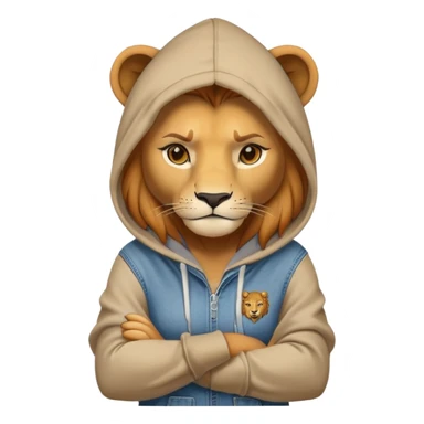 determined anthropomorphised female lion in a hoodie and jeans with arms folded, energetic pose sticker