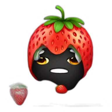 a human with a strawberry head with eyes ect sitting in front of a laptop, wearing a balaclava and looking mischievous. sticker
