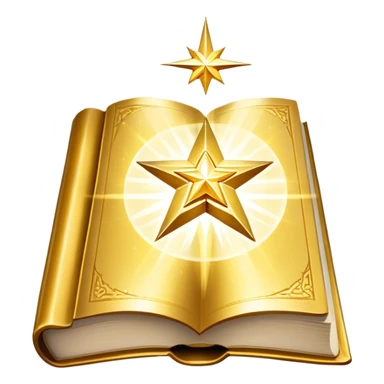 A shimmering gold book with a radiant glow, floating slightly as if under a spotlight. Its cover features a bold, star-like sigil ✨, symbolizing influence and magnetism. Light halo effects or sparkles surround it, giving off an aura of effortless charm and star power. sticker