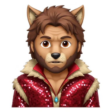 The Wolf Man with tan skin brown hair and fur, dark red sequin outfit sticker