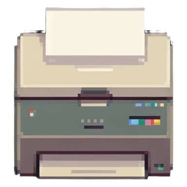 printer with a stack of paper beside it, retro look sticker