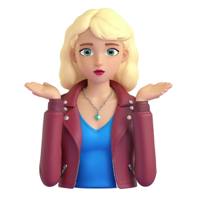 14-year-old girl with choppy blonde layers, armpit length, shortest at mouth, middle part, light freckles, blue eyes, defined cupid's brow, fitted dark red top, brown leather jacket, necklaces sticker