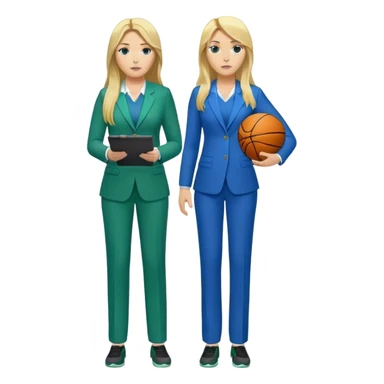 Full Body white plus size female basketball head coach using a clipboard with long blonde hair in a blue and green suit sticker