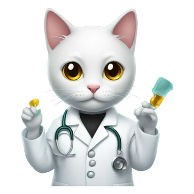 Black cat in lab coat with shocked expression holding a vial sticker
