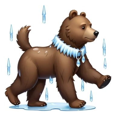 Natural looking brown bear walking on four paws, wearing a thick collar made of clear ice with sharp icicles dangling from it, like a large dog collar shape sticker