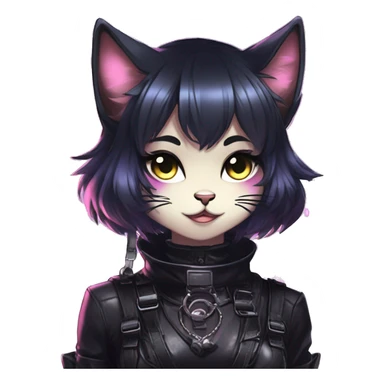 Gorgeous shiny epic magical gradient gothic dark techwear anime style anthro cat with blushing face aesthetic and pretty edgy black with collar and harness trending style sticker