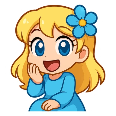 Extract the top right character with blonde hair, blue flower, and blue outfit as a fully visible, separate image with a transparent background, keeping the original chibi stickers cartoon style and appearance. sticker