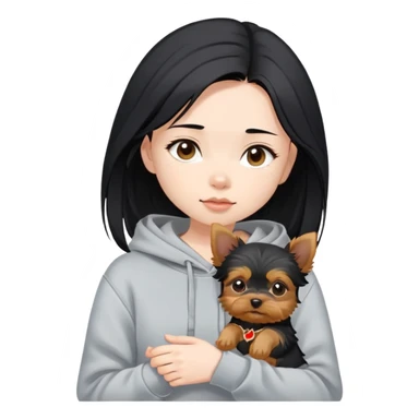 a black-haired asian girl in a gey hoodie with a yorkie puppy sticker