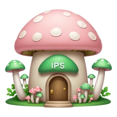 Pale Pink and green cute bank, mushrooms growing around it , clean aesthetic, two P letters on it sticker