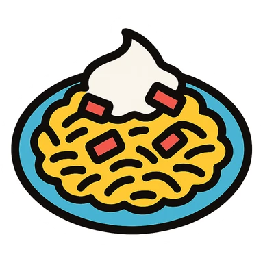 A plate of risoni, topped with small pieces of bacon with cream sticker