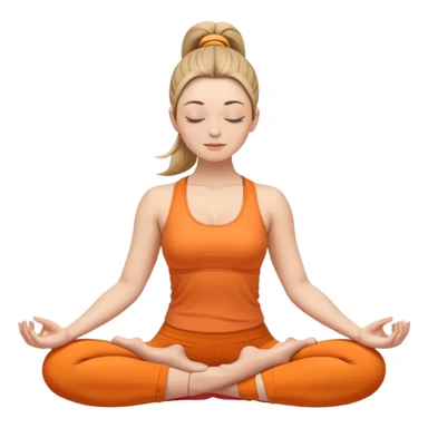 white woman with ponytail hairstyle in lotus position meditation yoga pose, closed eyes, relaxed face, wearing orange yoga outfit sticker