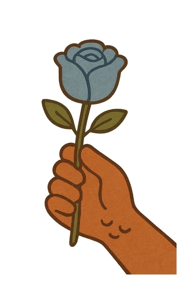 A flat illustration of a hand holding a blue rose, minimalist vector style, cartoon-like, 2D design, no shadows, soft pastel colors, clean lines, emoji aesthetic sticker
