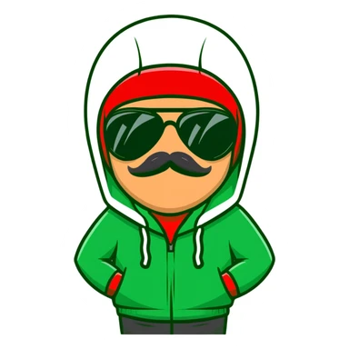 middle-aged man with thin mustache, black aviator sunglasses, red hoodie with hood covering head sticker