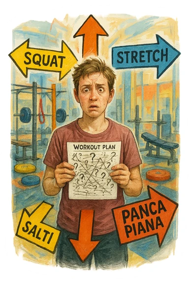 a person stands in the center of a gym, surrounded by arrows pointing in all directions, each labeled with a different exercise (e.g., “squat,” “Salti,” “stretch,” “Panca Piana”). The person looks bewildered, holding a workout plan with scribbles and question marks. The scene is colorful but visually messy, symbolizing confusion. in italiano immagine iperrealistica sticker