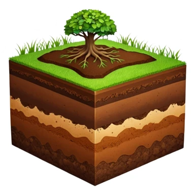 A 3D cartoon cross-section of soil layers with green grass on top, visible brown earth textures, clean white background, smooth and detailed Memoji-style. sticker