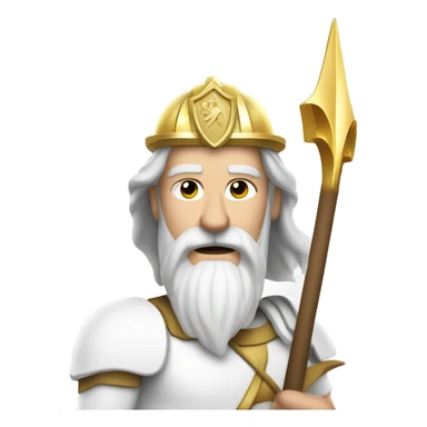 white man Poseidon with gold Trident. long white hair white dress.  with firefighter helmet sticker
