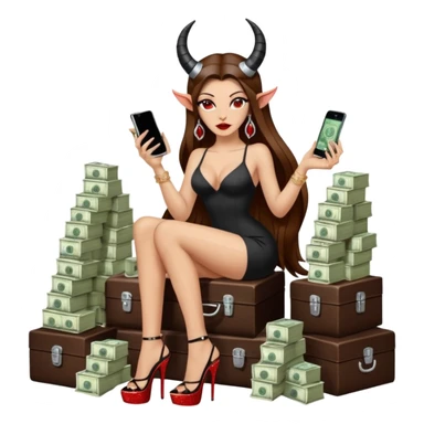 Sensual seductress long brown straight haired sexy drug lord woman with  glitter platform high heels on her feet,  and devil black horns on her head, holding a stack of cash, has a phone in other hand. Sitting on  Cases of drugs. Evil  sticker