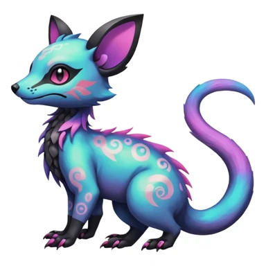 Rare neon iridescent white exotic cute epic aesthetic gothic colorful Salandit-Eevee-Civet-species-Fakemon-hybrid-creature, with intricate tattoo markings, full body sticker