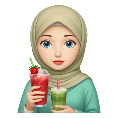 Turkish beautiful finish Konya girl blue eyes with beige and light green hijab islamic dress and had on her hand strawberry Matcha drink sticker