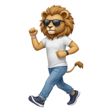 friendly anthropomorphised lion in jeans and a t-shirt, wearing dark sunglasses and a hat, jogging upright in standard pose sticker
