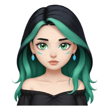 a soft, dolllike emoji girl with light sage green skin and big green-blue eyes, long black hair that swoops gently at the ends, a tiny silver nose stud and a eyebrow piercing on the left side. off the shoulder black top that shows her collarbones sticker