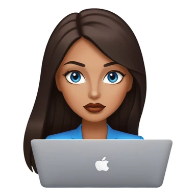 Glamours tanned very beautiful girl with pump lips and dark chocolate straight smooth long hair, blue-grey eyes with MacBook sticker