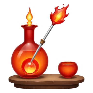 Glassblowing and casting icon, molten glass being shaped into a delicate object with a blowpipe, glowing red-hot glass being poured into a mold, unfinished glass sculpture, minimalistic style, clean lines, transparent background. sticker