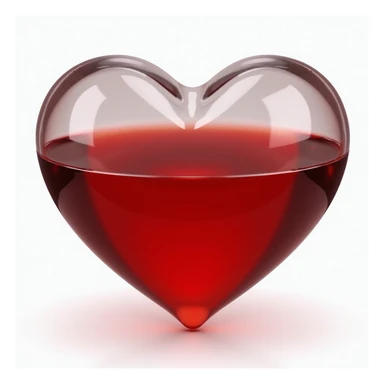 a clear, glossy heart shape, half filled with deep red liquid, realistic and reflective sticker
