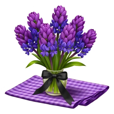 A lush bouquet of bright prple color Hyacinths black satin ribbon, resting on an antique wooden table, with a pale yellow and pink plaid pattern table cloth sticker