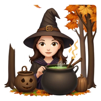 Pretty Brunette Witch in forest with cauldron with trees during autumn  sticker
