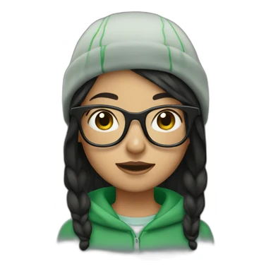 Dark haired girl with green cap and black glasses sticker