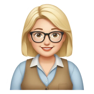 Plus size blonde woman wearing glasses and a vest, friendly smile sticker