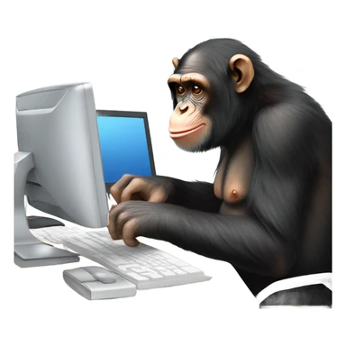 Chimpanzee sitting at desk, working at computer sticker