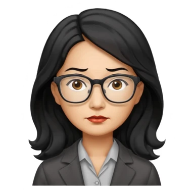 middle-aged Asian woman, long wavy hair, small rectangular metal glasses, serious expression, manager sticker
