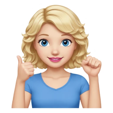 Girl Blonde short wavy hair,  blue eyes, cute blue top, long lashes, pink lips, smiling, fist bump sticker