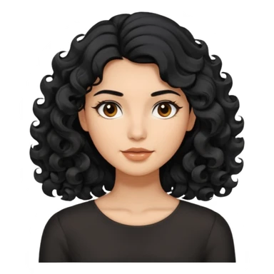This avatar has shoulder-length black hair styled in large, wavy curls that frame the face, giving a soft and natural look. sticker