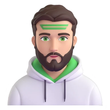 man with short full beard, dark brown undercut hairstyle, white hoodie, and green eyes sticker