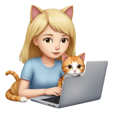 A girl is working on a laptop with a cat lying next to it sticker
