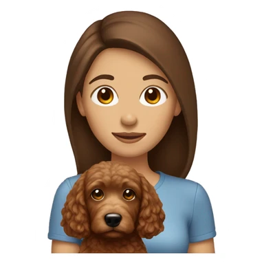 woman with straight brown hair holding a brown mini golden doodle sticker