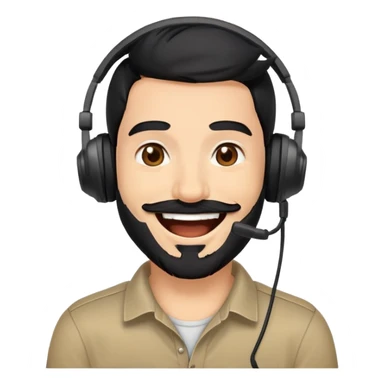 laughing man with black hair, brown eyes, black beard wearing gaming headset sticker