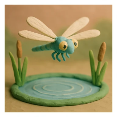claymation style dragonfly hovering above a pond, soft pastel colors, visible wings and water reflections sticker
